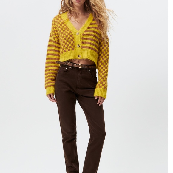 Zara yellow and brown checks stripes touch of wool jacquard knit cardigan NWT - Picture 10 of 11